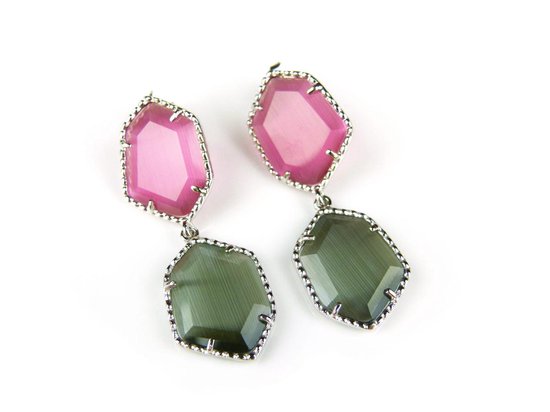 Zilveren oorringen oorbellen Model Hexagon met roze en grijze stenen