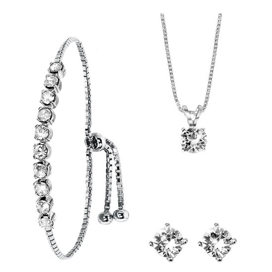 Lucardi Dames Zilveren set kristal white - Cadeau Set - 925 Zilver - Zilverkleurig
