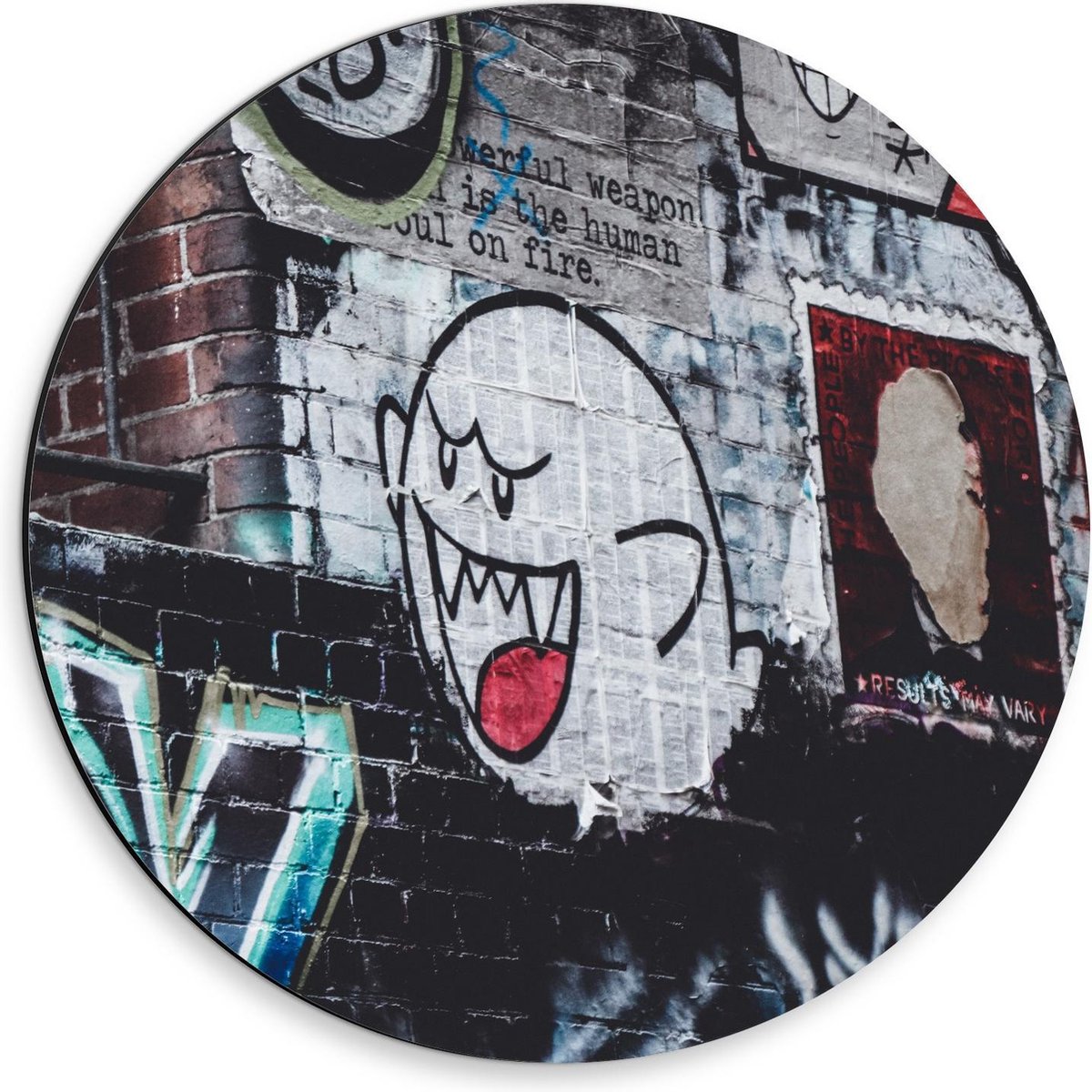 KuijsFotoprint Dibond Wandcirkel - Muur versierd met Graffiti - 30x30cm Foto op Aluminium Wandcirkel (met ophangsysteem) Blauw