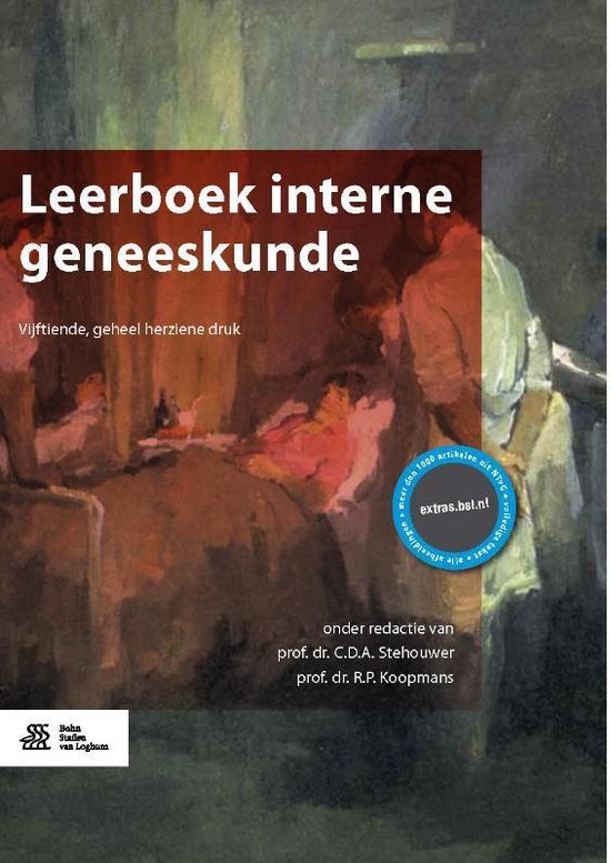 Boekomslag van "Leerboek interne geneeskunde" (vijftiende druk), met een schildering van een medische scène.