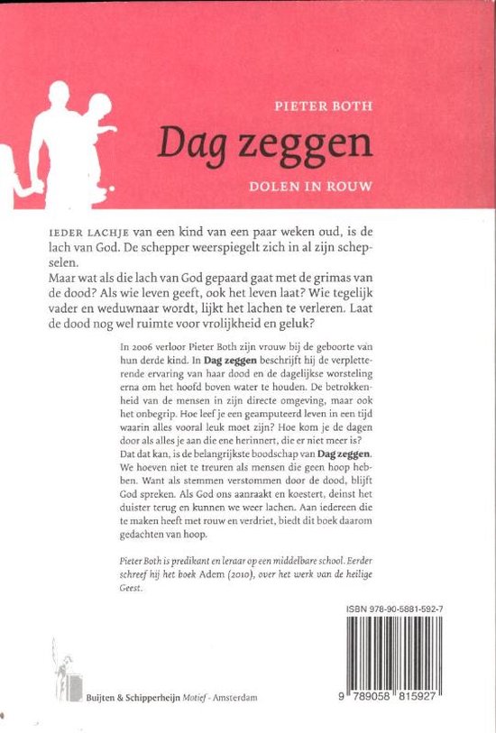 Achterkant boek met tekst, een silhouette van een man met kind en Pieters Both logo.