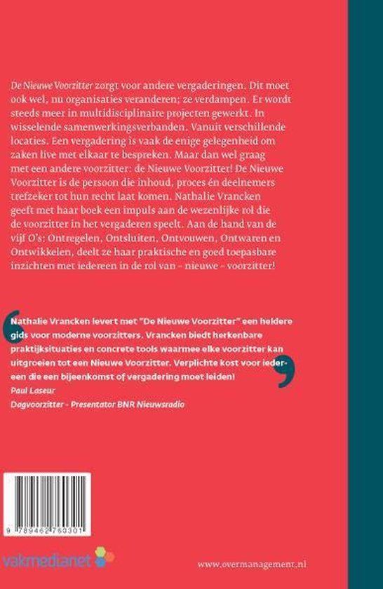 Achterpagina van het boek "De Nieuwe Voorzitter" met de ondertitel "De vijf O's van succesvol voorzitten".