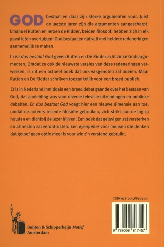 Achterkant van een boek met tekst en ISBN-nummer. Oranje achtergrond.