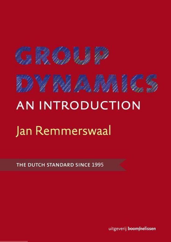 Boek 'Group Dynamics: An Introduction' door Jan Remmerswaal, met blauwe en paarse letters op een rode achtergrond. "The Dutch Standard since 1995" op een lint.