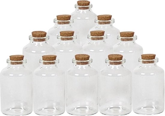 12x Kleine transparante glazen flesjes met kurken dop 30 ml - traktatie uitdeelflesjes... |