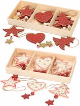 12x Houten kersthangers/kerstornamenten wit en rode figuurtjes 10 cm