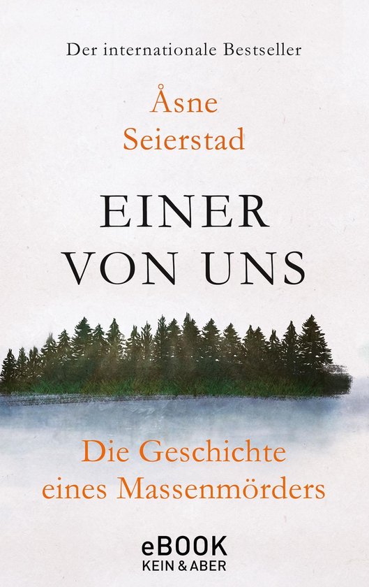 Boekcover van 'Einer von uns' met donkere tekst, een bosrand boven een wateroppervlak en 'eBook Kein & Aber' onderaan.