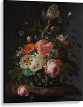 Canvas  - Oude meesters - Stilleven: bloemen op marmeren tafel, Rachel Ruysch - 75x100cm Foto op Canvas Schilderij (Wanddecoratie op Canvas)