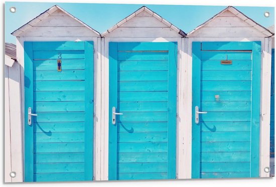 Tuinposter – Wit met Blauwe WC Huisjes - 90x60cm Foto op Tuinposter  (wanddecoratie voor buiten en binnen)