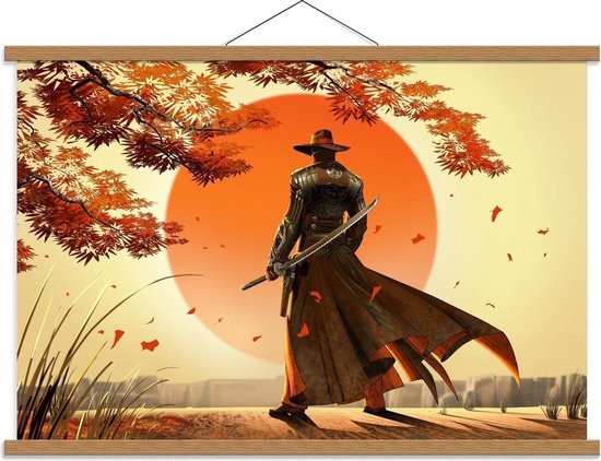 Schoolplaat – Getekende Samurai bij Zonsondergang - 90x60cm Foto op Textielposter (Wanddecoratie op Schoolplaat)