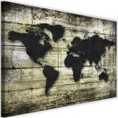 Schilderij Zwarte wereldkaart op hout, 2 maten, zwart/beige