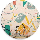 Dibond Wandcirkel - Oranje Fiets voor Kleurrijke Muur met Figuurtjes  - 50x50cm Foto op Aluminium Wandcirkel (met ophangsysteem)