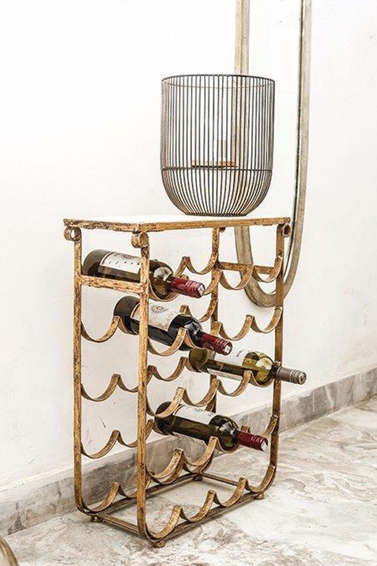 Verlichten Conciërge Schep PTMD Caylon bronskleurige ijzeren wijnrek met marmer aan de bovenkant maat  in cm: 20 x... | bol.com