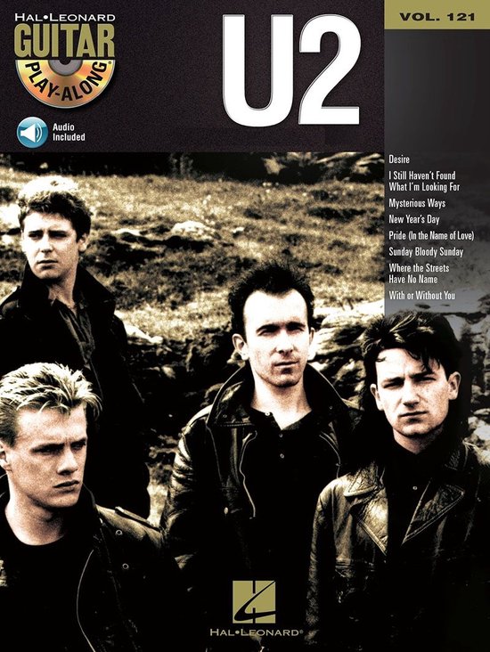 Boek met de band U2 op de cover, met de tekst "U2 GUITAR PLAY-ALONG VOL. 121".