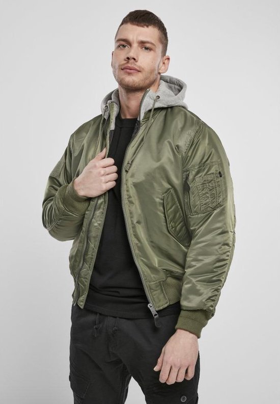 Brandit - Hooded MA1 Bomber jacket - L - Groen/Grijs