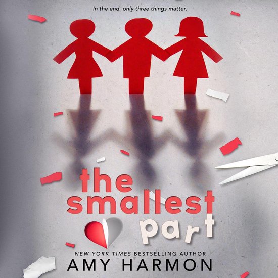 Boekomslag van 'the smallest part' met drie rode papieren poppetjes die elkaars handen vasthouden, met schaduwen en schaar.
