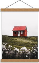 Schoolplaat – Rood huisje op de Bergen - 30x40cm Foto op Textielposter (Wanddecoratie op Schoolplaat)