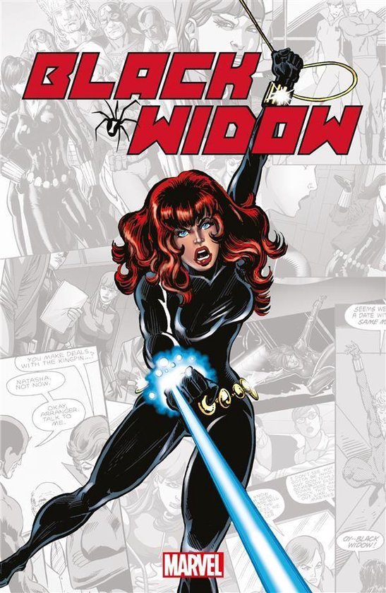 Zwarte Weduwe in zwart kostuum met gouden riem, vuurt blauw energiewapen af. Tekst: BLACK WIDOW, MARVEL.