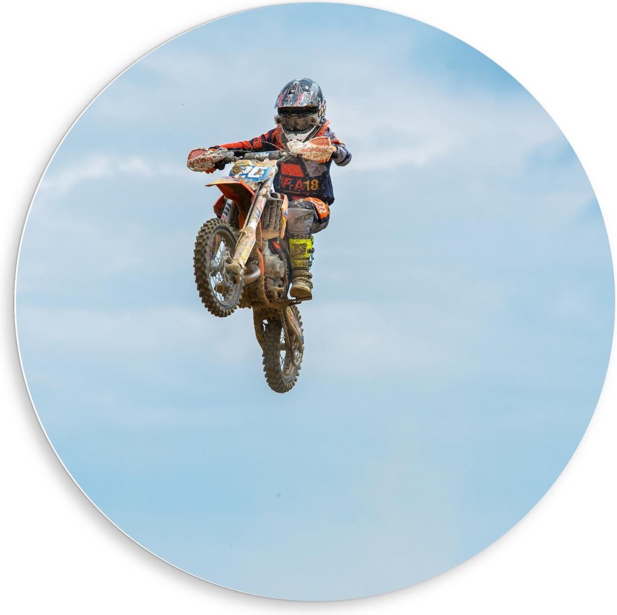 KuijsFotoprint Schilderij - Motorcrosser In De Lucht - Wit, Blauw En Rood - 80 X 80 Cm