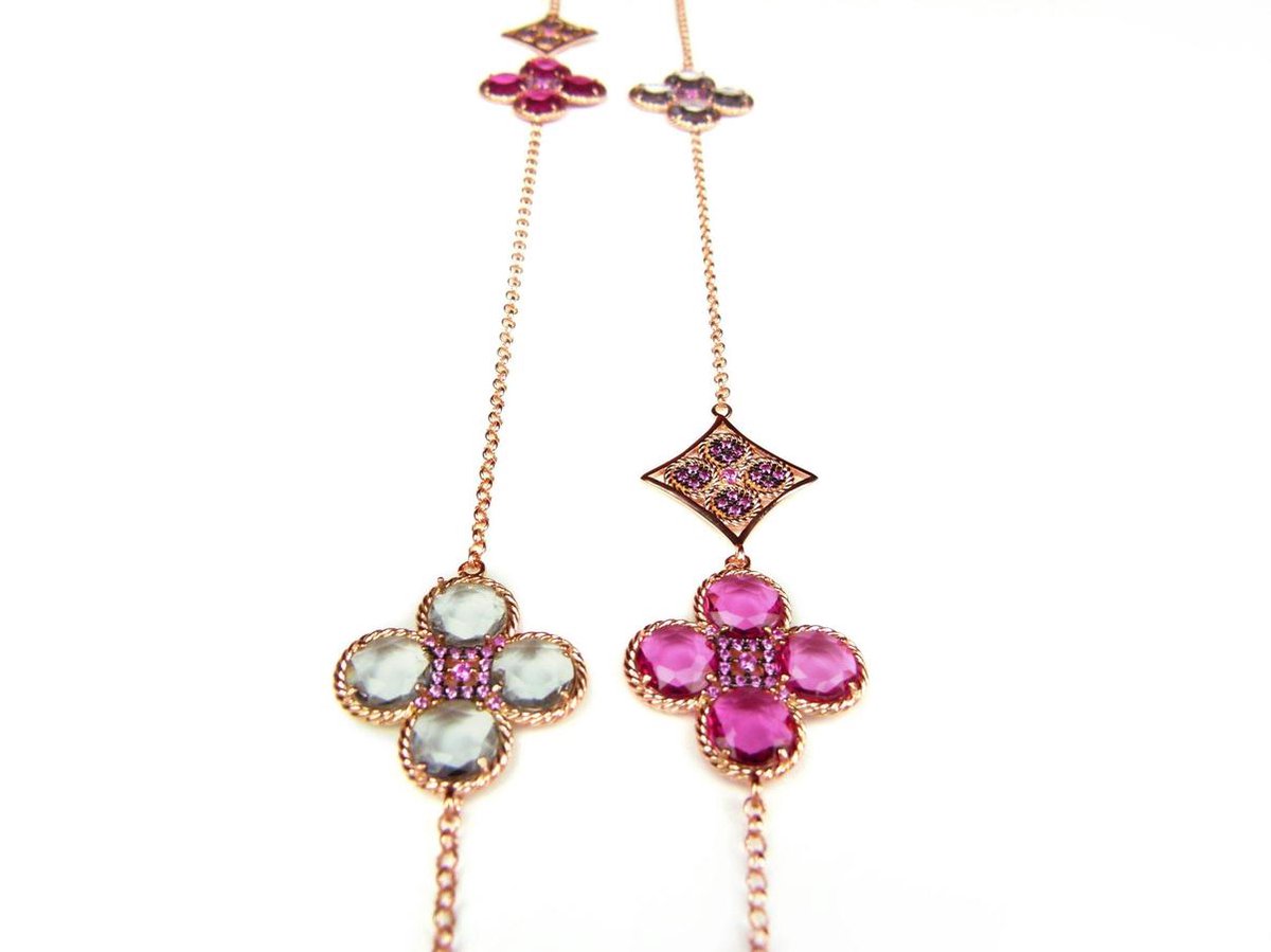 Lange zilveren collier halsketting roos goud verguld Model Sugary Sweetness gezet met grijze en roze stenen