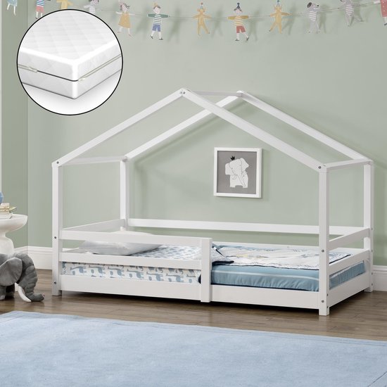 Lit enfant Knätten pin lit maison avec matelas 70x140 cm blanc
