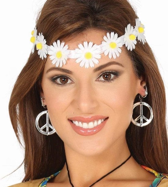 Fiestas Verkleed haarband met bloemen - wit - meisjes/dames - Hippie/flower Power