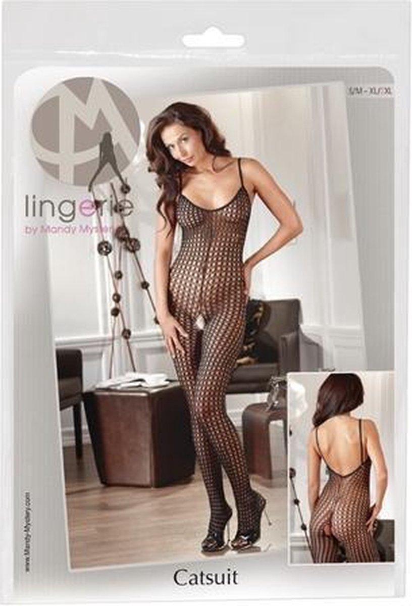 Mandy Mystery Lingerie – Catsuit met Mesh Ontwerp en Open Kruis voor Erotische Toepassingen – Maat S/M – Zwart