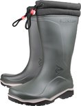 Paar groene Dunlop regenlaarzen met gewatteerde kraag en rode stoppers.