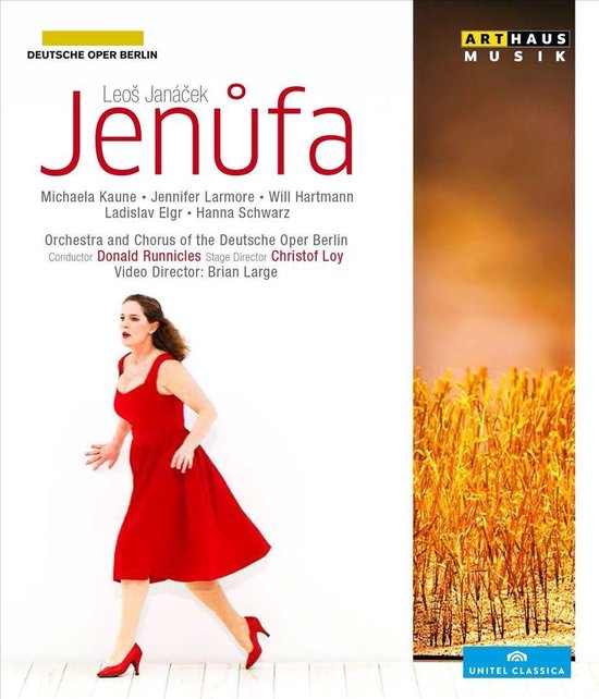 Een vrouw in een rode jurk rent op de cover van de opera Jenůfa.