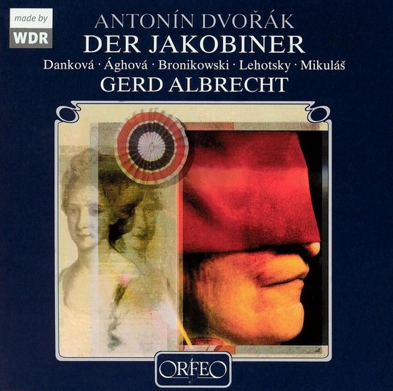 Albumhoes met profiel van een persoon met rode doek over de ogen. Links een portret van een vrouw. Titel: ANTONÍN DVOŘÁK DER JAKOBINER.