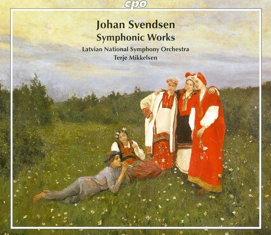 Albumhoes met de titel 'Johan Svendsen Symphonic Works' en vier personen in traditionele kledij in een veld.