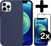Hoes voor iPhone 12 Pro Hoesje Siliconen Case Met 2x Screenprotector Full Cover 3D Tempered Glass - Hoes voor iPhone 12 Pro Hoes Cover Met 2x 3D Screenprotector - Donker Blauw