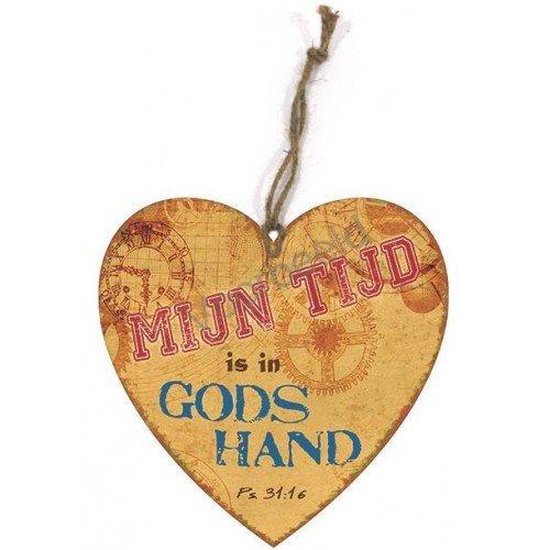 Tekstbord hartvorm, 18x18cm MDF  - Mijn tijd is in Gods hand
