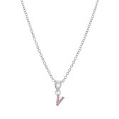 Zilveren kinderketting initialen met roze kristal - V