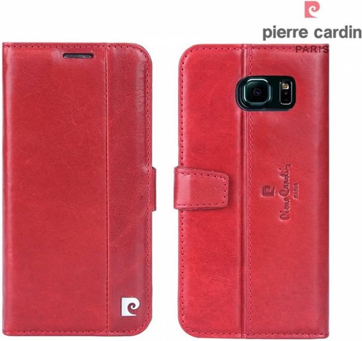 Pierre Cardin Samsung Galaxy S6 echt leer boek case hoesje met ruimte voor pasje en 2 simkaarten Rood