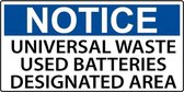 Sticker 'Notice: Universal waste used batteries' 150 x 75 mm