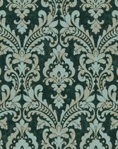 Barok behang Profhome VD219174-DI vliesbehang hardvinyl warmdruk in reliëf gestempeld met ornamenten glinsterend groen pastelturquoise ivoorkleurig 5,33 m2
