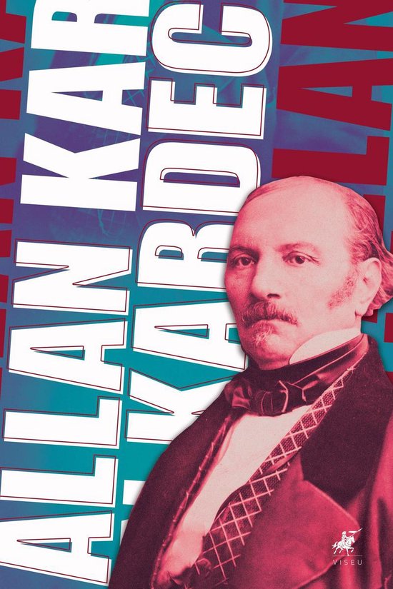 Allan Kardec, portrait d'un homme avec moustache et nœud papillon, avec du texte en arrière-plan.