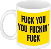 Grappige kado mok / beker fuck you you fuckin fuck wit / geel - 300 ml - keramiek - cadeau koffiemok / theebeker