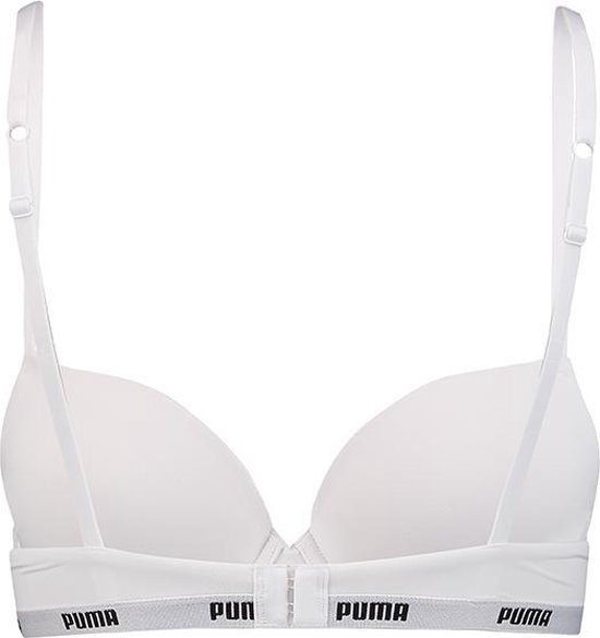 Achterkant van een witte Puma beugelbeha met verstelbare bandjes en zwarte 'Puma'-logoband.