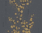 BLOESEM MET CHINESE TEKENS BEHANG - zwart goud grijs - AS Creation Asian Fusion