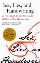 Boekomslag met de titel 'Sex, Lies, and Handwriting'. Een gele cirkel bevat tekst over een nieuw nawoord over Donald Trumps handschrift.