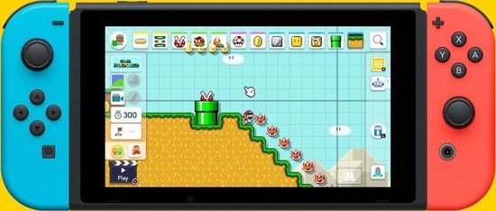 Een Nintendo Switch met Super Mario Maker 2 gameplay op het scherm.