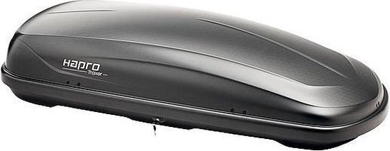 Grijze Hapro dakkoffer, model Traxer 5.6, op witte achtergrond.
