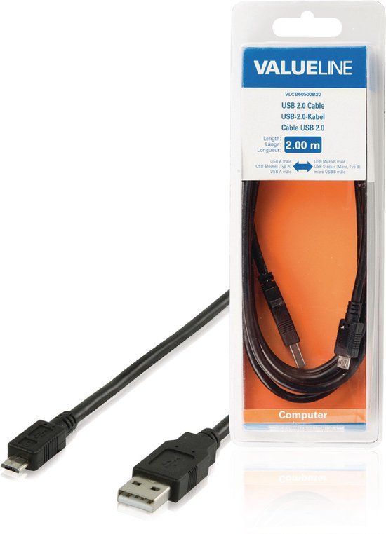 Valueline - Micro USB naar USB 2.0 kabel - 2 meter - Zwart | bol