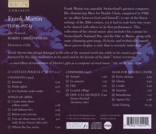 Cd-hoes voor Frank Martin, met tekst en tracklisting. Gemaakt in Groot-Brittannië.