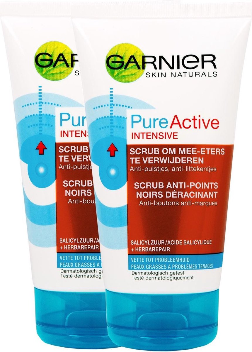 Garnier PureActive Intensive Scrub Tegen Mee-Eters en Puistjes - 2 x 150ml - Voordeelverpakking - Garnier