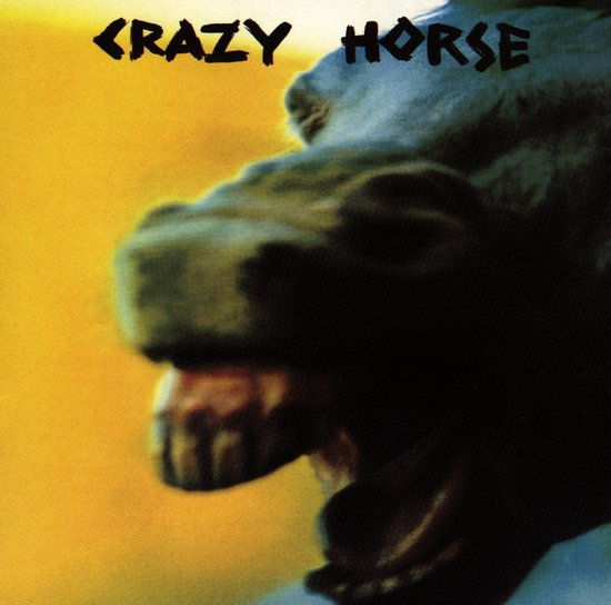 Albumhoes met een paard in close-up met de tekst "CRAZY HORSE". Gele achtergrond.