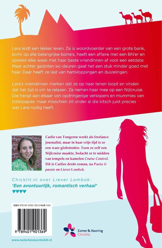 Achterkant boek "Cruise Control" met foto van auteur Carlie van Tongeren, tekst en illustraties.