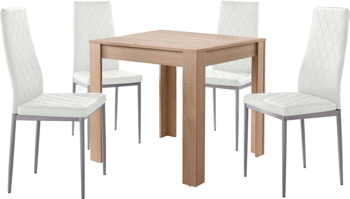 Set van 80x80 cm eettafel en 4 witte stoelen